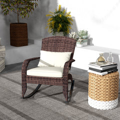 Adirondack Chair, Outdoor Wicker Rocking Chair with High Back, Seat Cushion, and Pillow for Porch, Balcony, Cream White