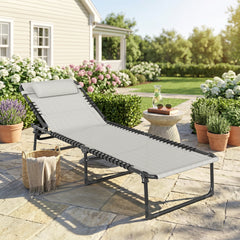 Folding Chaise Lounge Pool Chair with 4-Position Reclining Back, Pillow, Breathable Mesh & Bungee Seat, Cream White