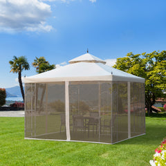 10' x 10' Patio Gazebo with Corner Frame Shelves, Double Roof Outdoor Gazebo Canopy Shelter with Netting for Patio, Wedding, Catering & Events, Cream White