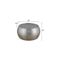 JOURNAL Modern Contemporary Round Aluminum material 32" Coffee Table, Farmhouse Table with Glossy Hand Hammered Design Antique Silver