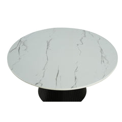 Contemporary Style Round Cocktail Table Faux Marble Top Reeded Drum Base Black Finish Primary Living Room