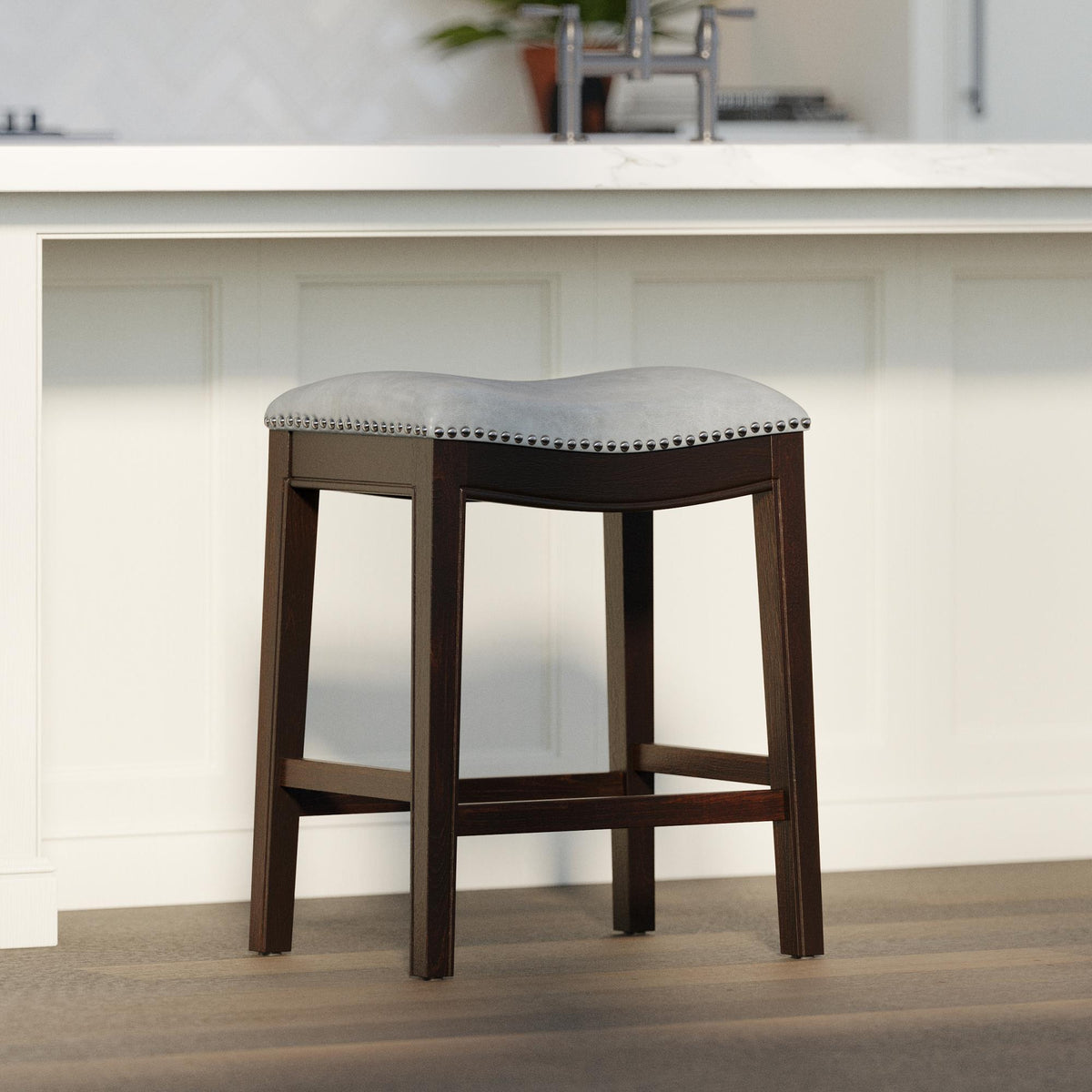 Sanctuary H Counter-Height Wood Barstool with Gray Faux-Leather Seat, 1PC