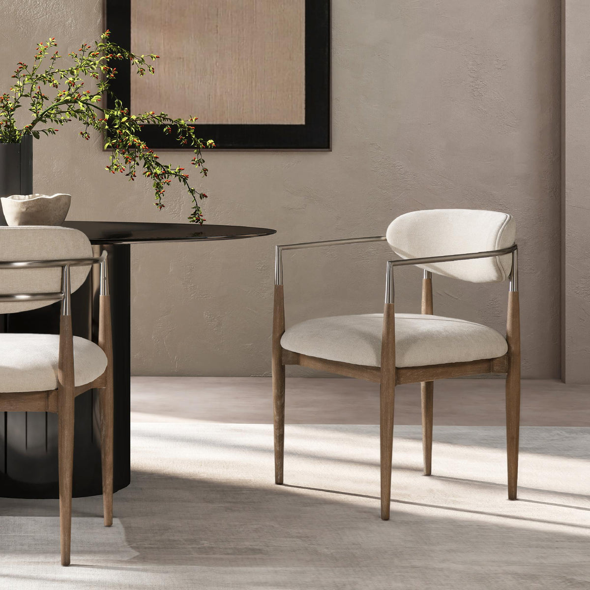 Fable Mixed Material Upholstered Dining Arm Chair, Warm White Chenille