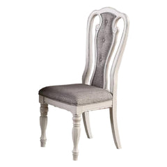 Antique White Set of 2 Dining Chairs Grey Upholstered Tufted unique Design Chairs Back Cushion Seat Dining Room