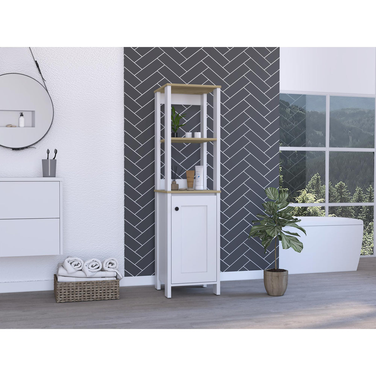 Linen Cabinet Jannes, Two Open Shelves, Single Door, Light Oak / White Finish