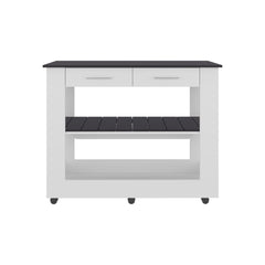 Astyanax Kitchen Island with Two Small Drawers And Two open compartments below, Compact Storage Solution for Kitchen Organization