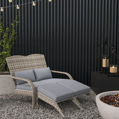 Wicker Adirondack Chair for 2 with Cushions & Footrests, PE Rattan Double Chaise Lounge Chair, Fire Pit Chair for Porch with Wide Armrests, High-back, Gray