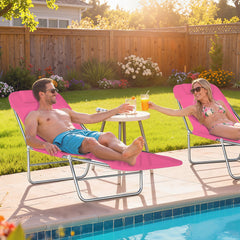 Folding Chaise Lounge Chair, Pool Sun Tanning Chair, Outdoor Lounge Chair with Reclining Back, Breathable Mesh Seat, Headrest for Beach, Yard, Patio, Pink