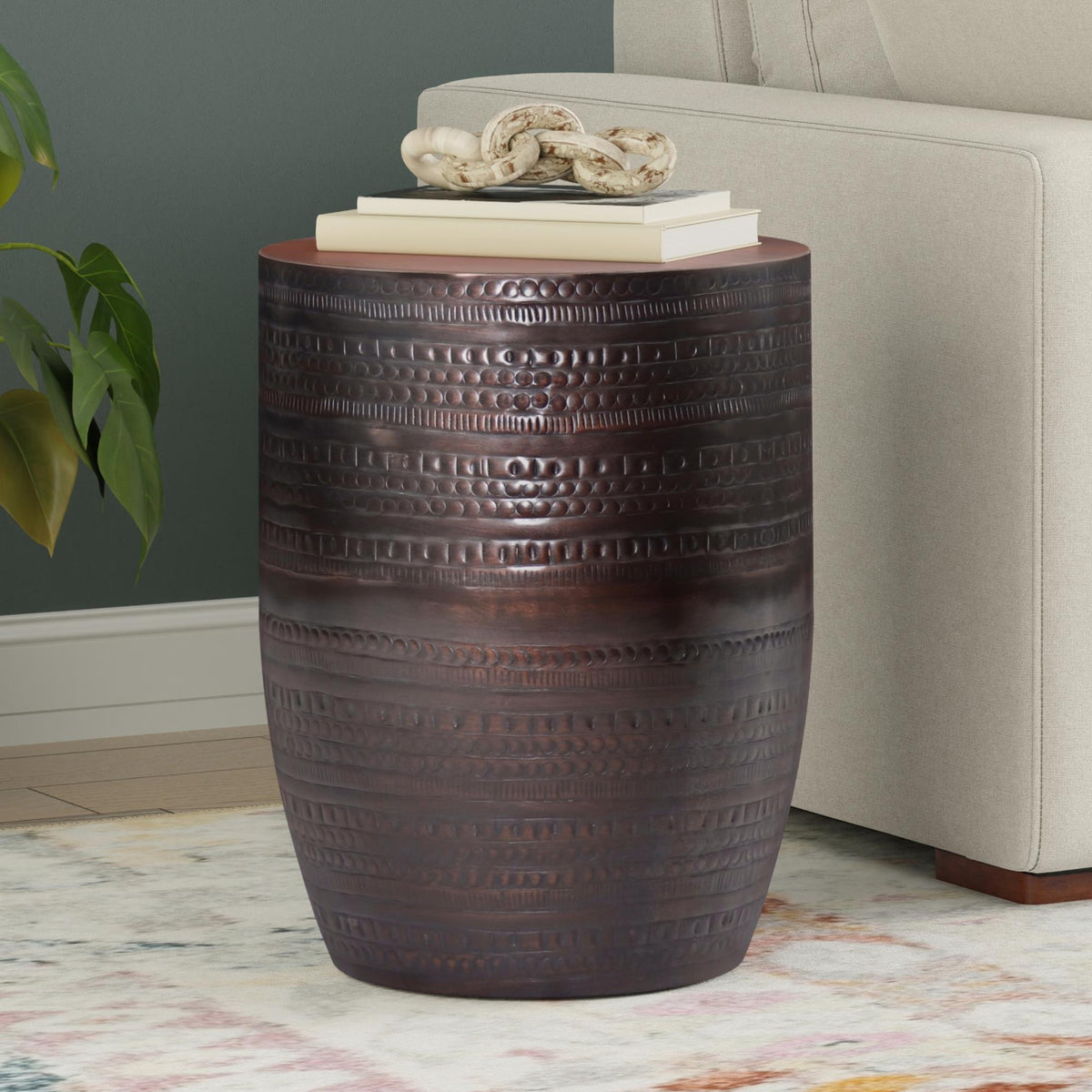 Perseus 15 inch Wide Tribal Pattern Metal Accent Table in Oil Rubbed Bronze