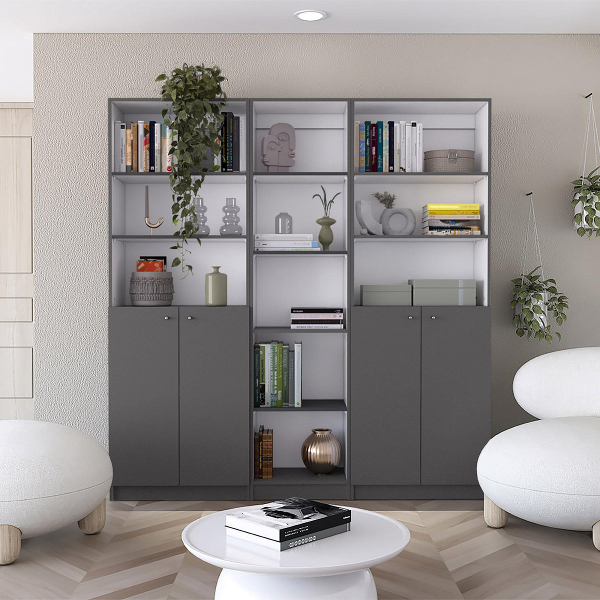 Lyra 3 Piece Home Bookcase set, 67" Wide with 11 Shelves and Two Double-Door Cabinet , Living Room Set Matt Gray / White