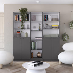 Lyra 3 Piece Home Bookcase set, 67" Wide with 11 Shelves and Two Double-Door Cabinet , Living Room Set Matt Gray / White