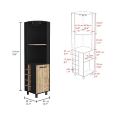 Lyra 70" Tall Corner Bar Cabinet With Four Shelves, Ten Wine Bottle Cubbies and Stemware in Black - Pine