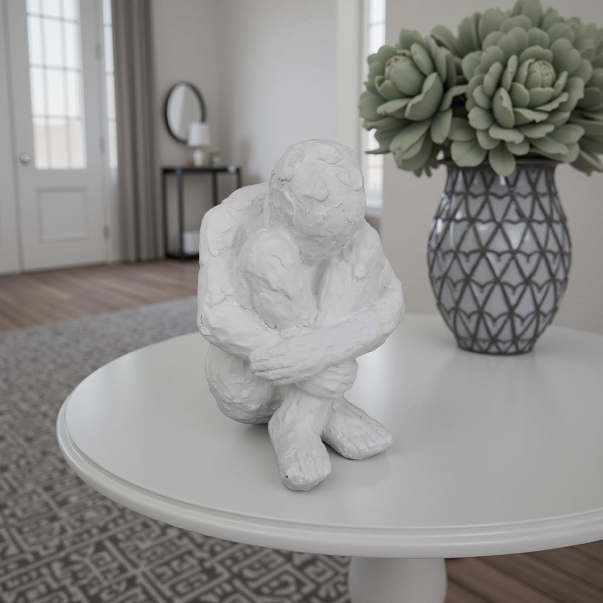 Arcadia Abstract Contemplative Man Figurine, White Resin Art 15 Inch