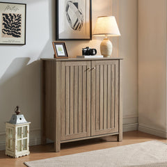 Saturn cabinet storage cabinet entryway cabinet with two doors slat style vented doors metal knob handle four shelves Dark Taupe color