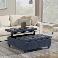 Aeneas 40 inch Wide Large Square Coffee Table Storage Ottoman in Denim Blue Vegan Leather