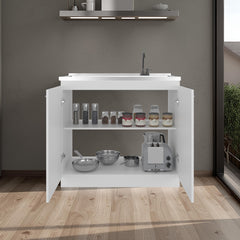 Pulsar Utility Sink with Faucet Inclued and Integrated Stainless Steel Counter top, Freestanding cabinet with two doors, Metal Handles and Two interior shelves, White