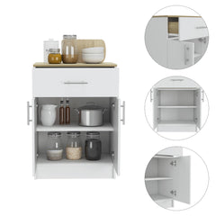 Pantry Organizer Cabinet 33" H, One Drawer, Two Interior Shelves, Two Doors, White/Light Oak