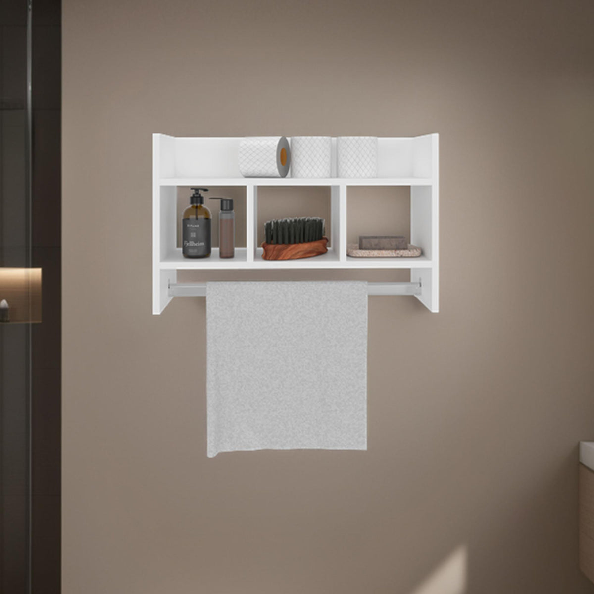 Neptune Wall Shelf with Towel Bar 15.7" H, 4 Shelves, White - Bathroom