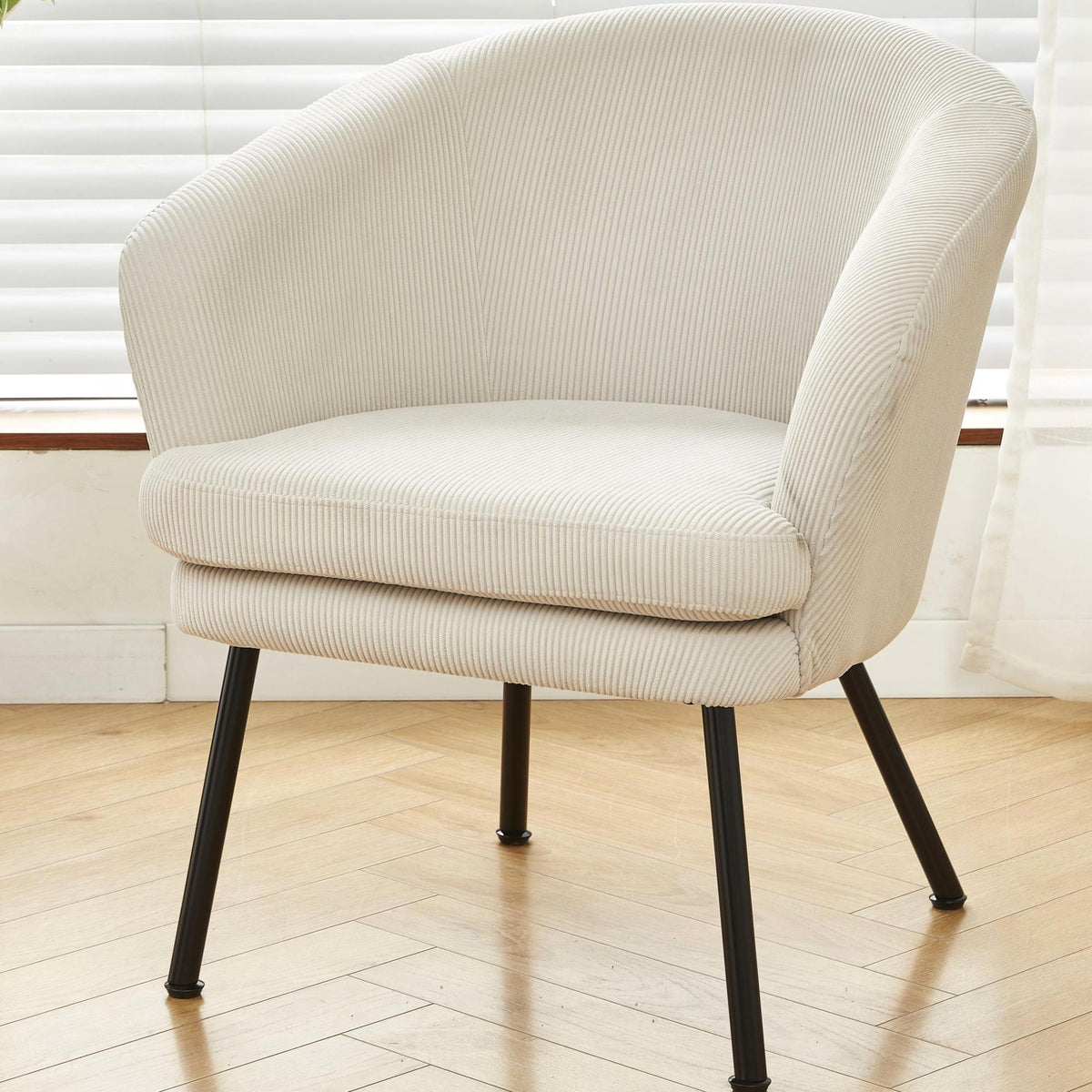 Corduroy Accent Chair with Black Metal Legs, Modern Upholstered Armchair, Comfy Barrel Chair for Living Room Bedroom