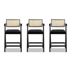 Record 25.5" Modern Resin Webbing Back Bar Stool with Arms, Set of 3, Ebony Black Boucle