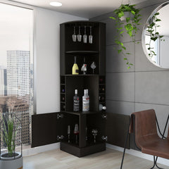 Story Corner Bar Cabinet, Eight Bottle Cubbies, Double Door, Two Open Shelves -Black