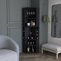 Aura Corner Bar Cabinet with Five Shelves , Eight Bottle Cubbies and Steamware Black