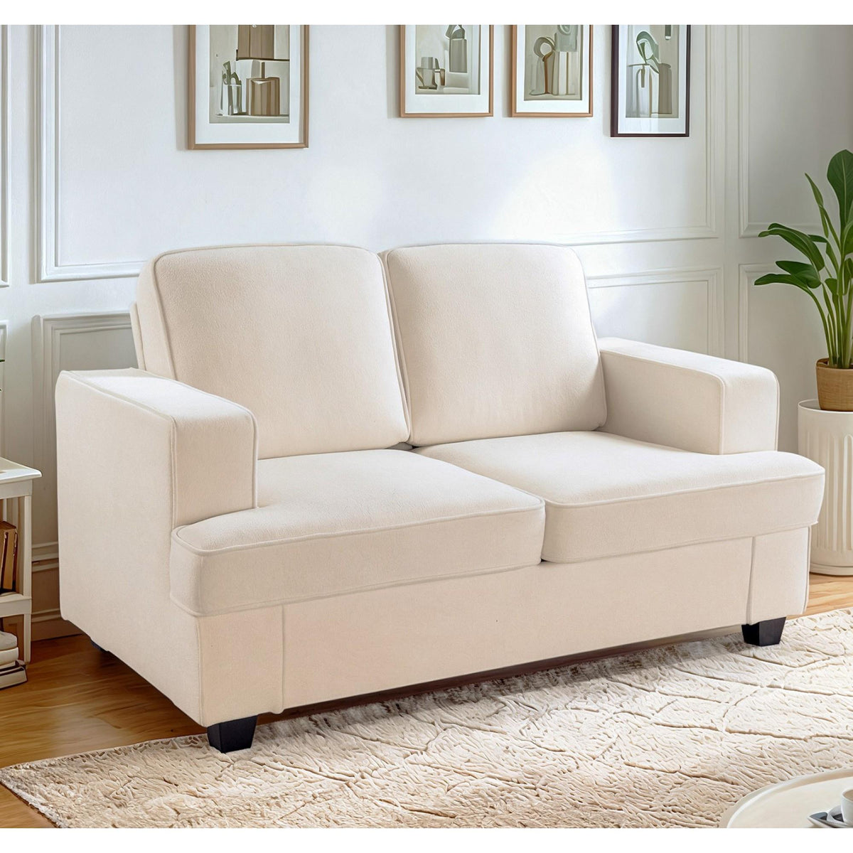Modern Velvet Loveseat, Comfortable 2 Seater Couch with Deep Seating and High-Density Foam, Loose Back Cushions, Wide Arms, Living Room Furniture for Home, Apartment, Office, Ivory