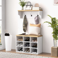 2-in-1 Coat Rack Shoe Bench Set, 5-Hook Hall Tree with Bench and Shoe Storage for 9 Pairs of Shoes for Entryway, Hallway, White