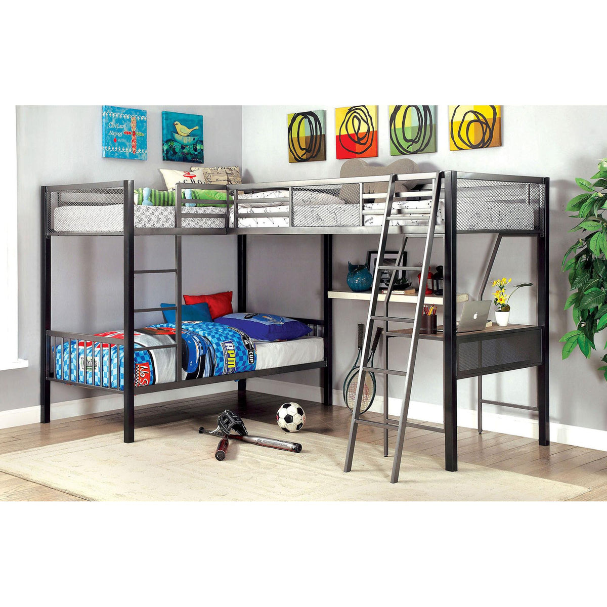 Modern Triple Twin L-shaped Bunk Bed Contemporary Style Corner Design With Workstation Full Metal Construction Silver Grey And Black Silver Finish