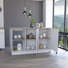 Poem Kitchen Island, Four Open Shelves, Two Cabinets -Light Oak / White