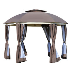 12' x 12' Round Outdoor Gazebo, Patio Dome Gazebo Canopy Shelter with Double Roof, Netting Sidewalls and Curtains, Zippered Doors, Strong Steel Frame, Brown