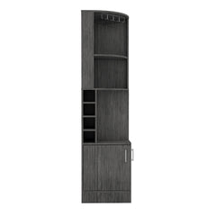 Asteroid bar cabinet 71" H , with two shelves at the top, 1 glass holder, 8 exterior bottle racks, 1 central shelf and a lower drawer with 2 side doors, Smoke oak