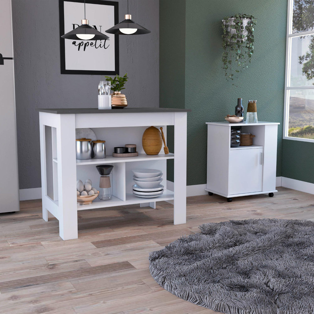 2 Piece Kitchen Set, Kitchen Island + Lower Microwave Pantry Cabinet , White /Onyx