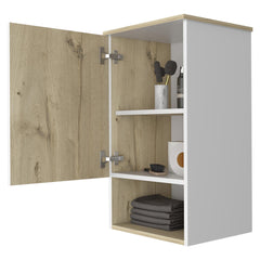 Display Single Door Cabinet 28" H, One Shelf, Two Interior Shelves, Light Oak / White