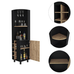 Lyra Corner Bar Cabinet, Two Shelves, Ten Built-in Wine Rack, Single Door Cabinet, Two interior Shelves, -Black / Pine