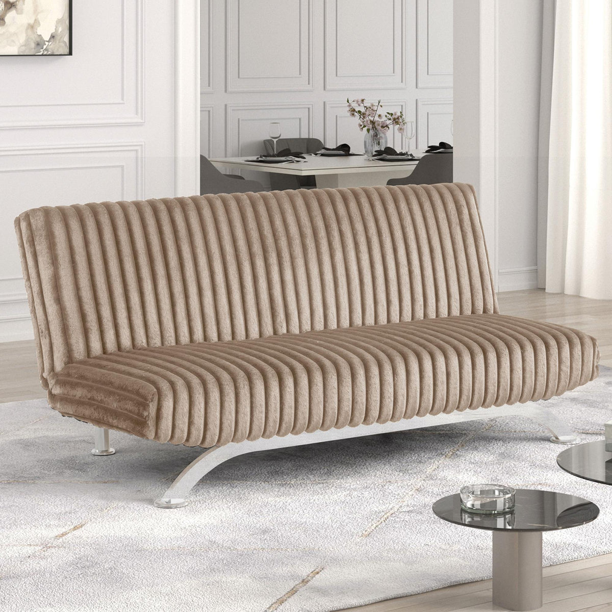 Clytemnestra Sofa Contemporary Style Convert Into Bed With Extra Support Metal Leg Chrome Finish Metal Base Legs Taupe Finish