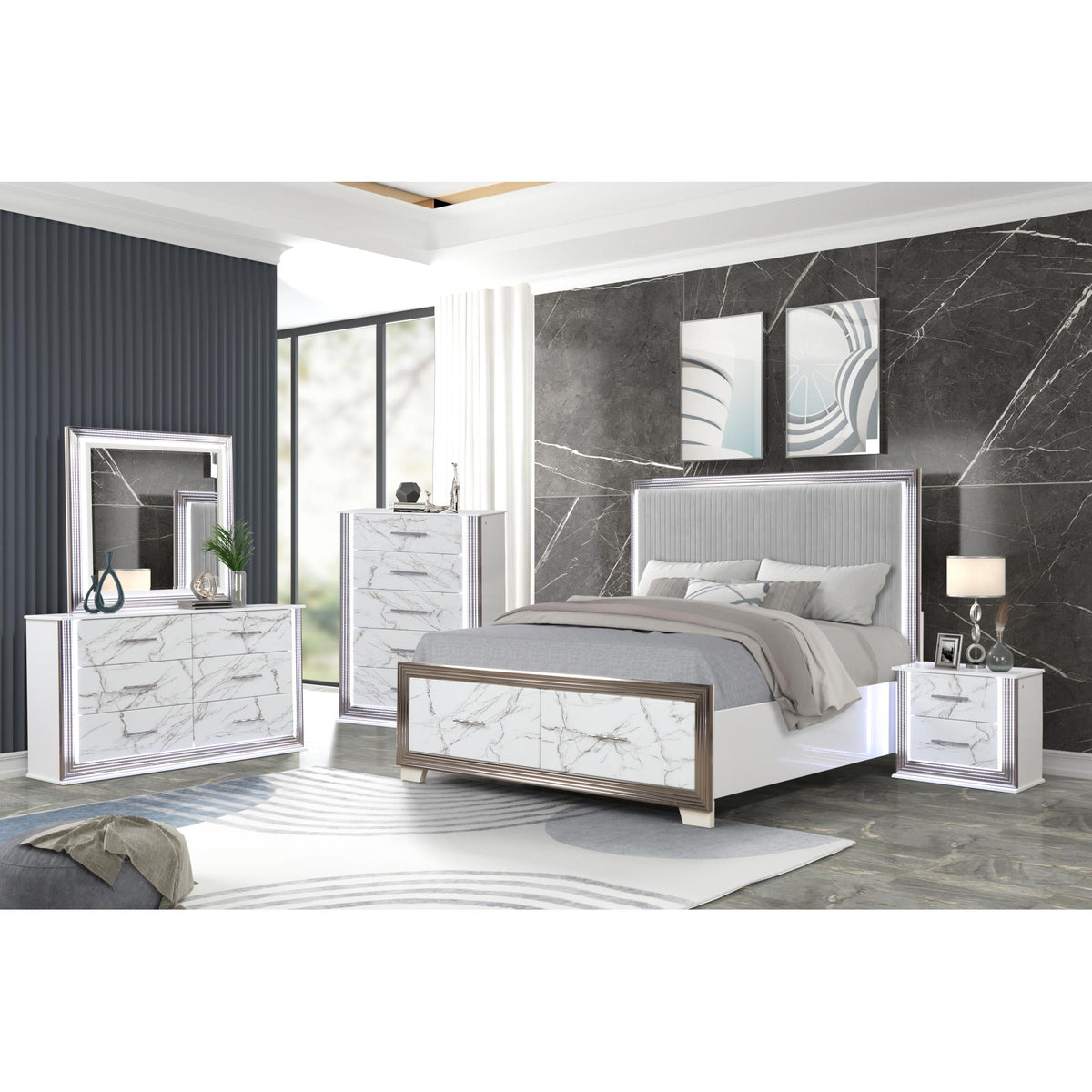 Diary Queen 5-Piece Bedroom Set – LED Upholstered Bed with Footboard Storage, Dresser, Mirror, Nightstand, and Chest in White & Marble Finish with Metallic Accents