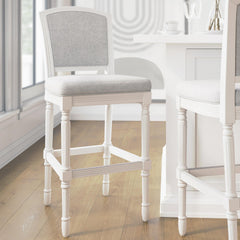 31" White Bar-Height Bar Stool with Gray Upholstered Seat and Back, 1PC