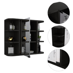 Record Medicine Cabinet, Six External Shelves Mirror, Three Internal Shelves -Black