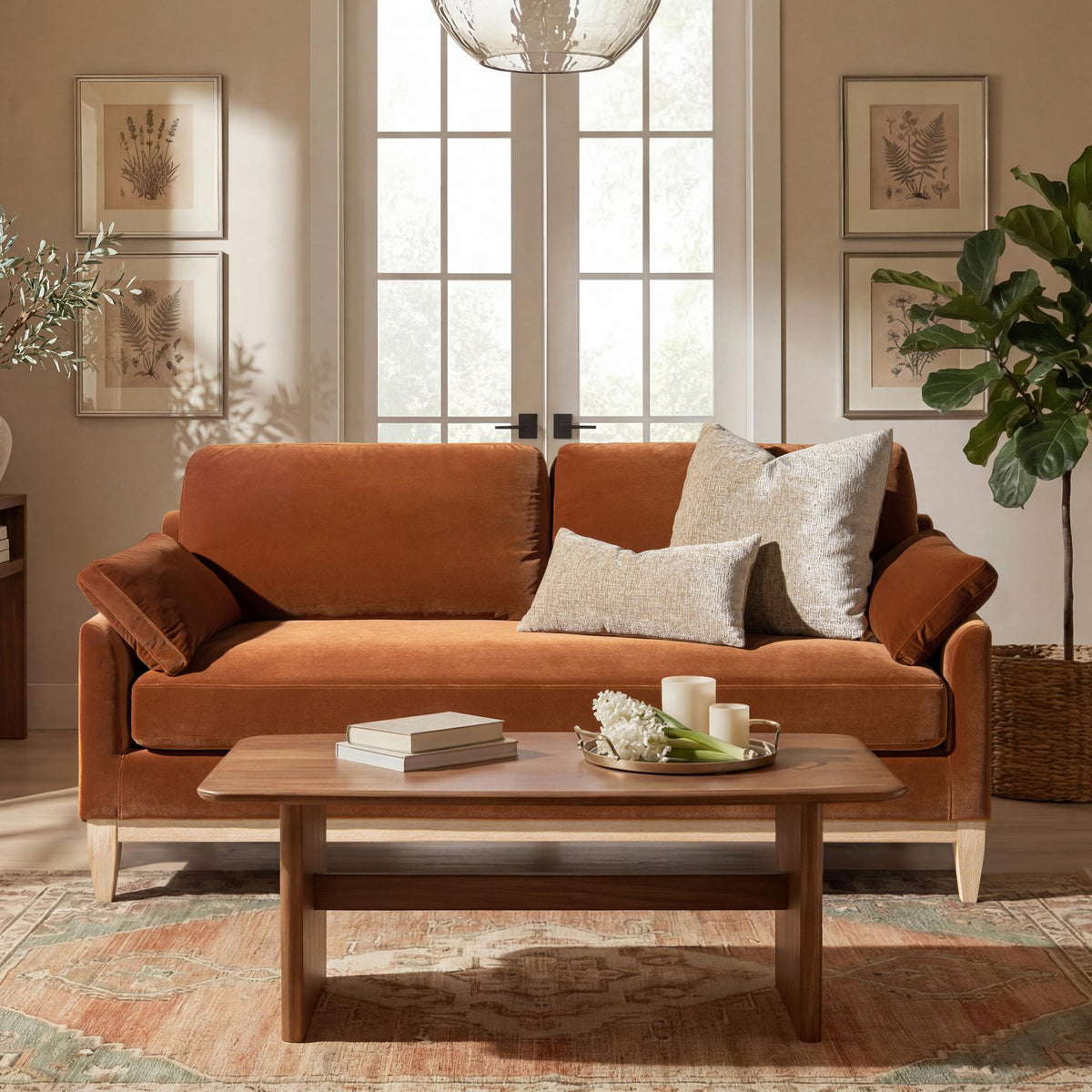 Asgard 75.5" Modern Farmhouse Sofa, Burnt Orange Performance Velvet