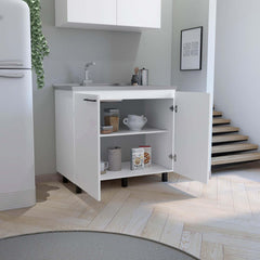 Pulsar 2 Utility Sink with Cabinet, Stainless Steel Countertop, Interior Shelf-White