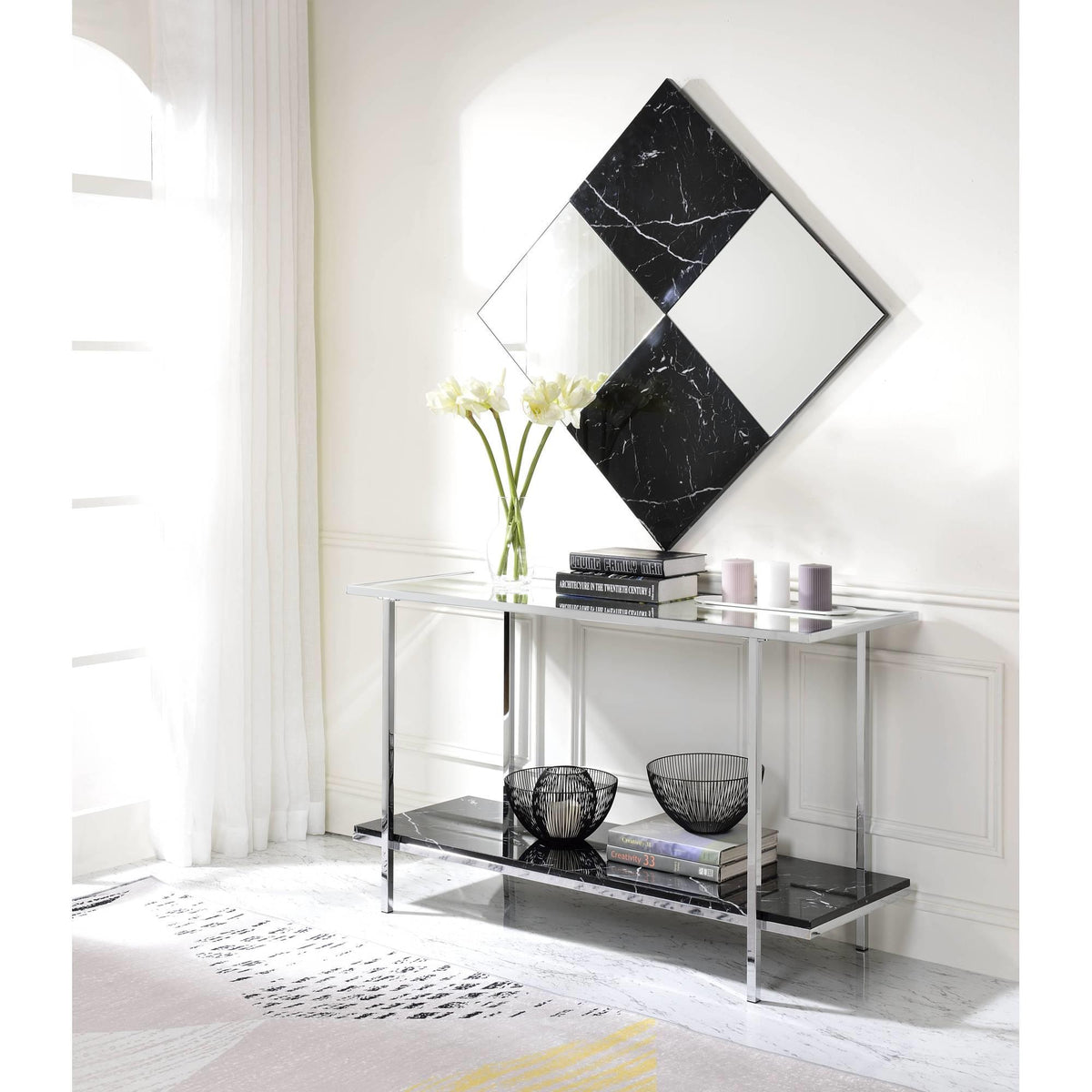 Zeus Mirrored Faux Marble & Chrome Console Table