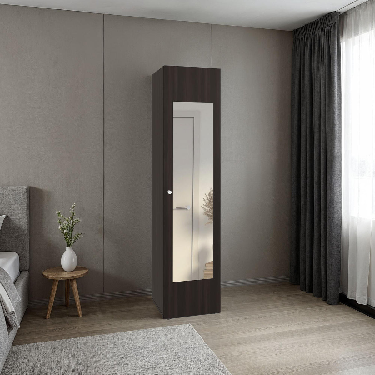 Home Linen Freestanding Tall Cabinet with Single Door, One Mirror and 4 Horizontal Storage Shelves, Cabinet for Bathroom, Bedroom or Laundry Room