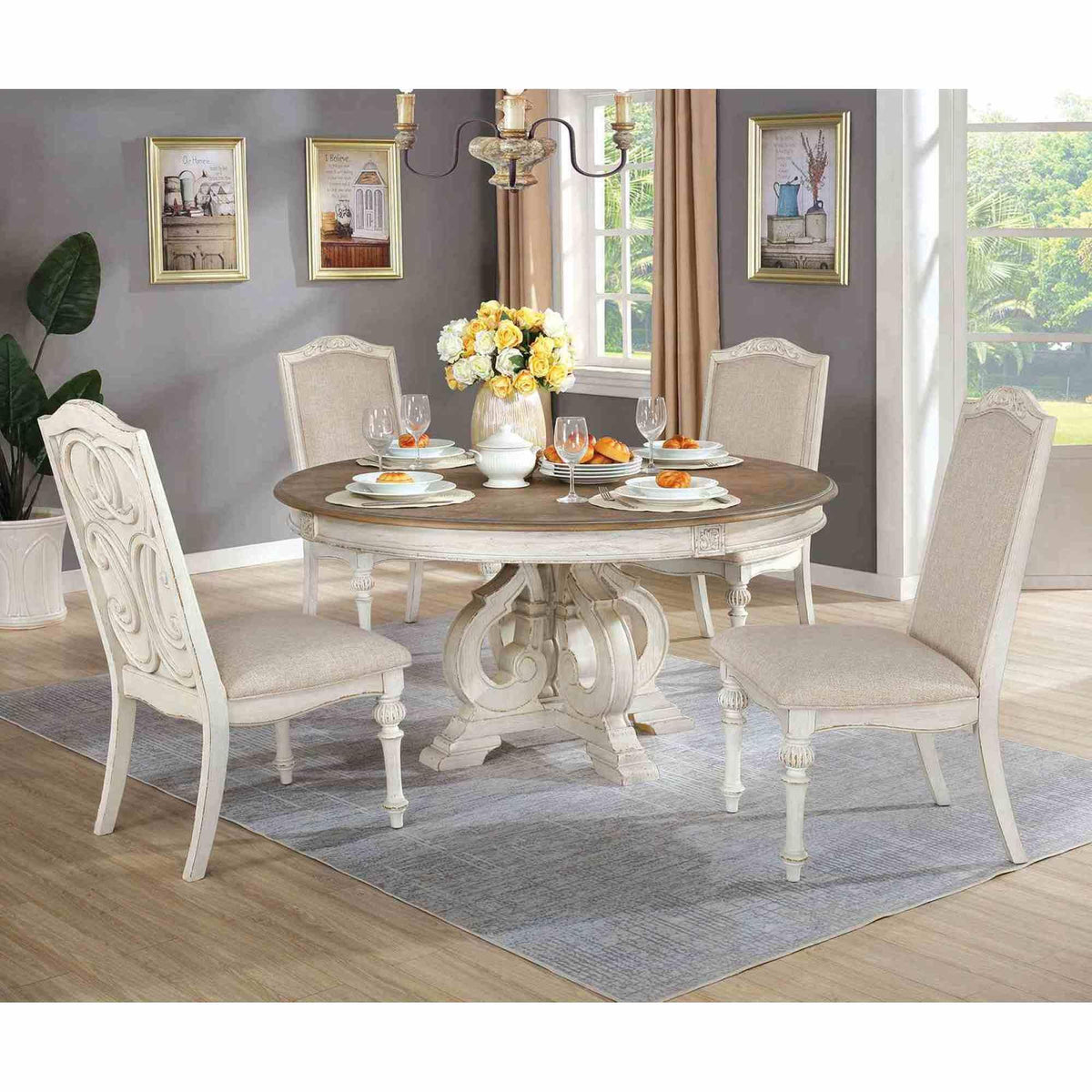 Elegant Rustic 5pc Dining Set Round Table 4x Side Chairs Ivory Fabric Upholstered Seat Antique White