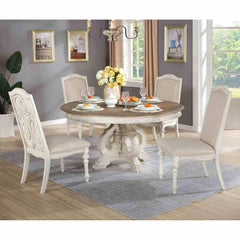 Elegant Rustic 5pc Dining Set Round Table 4x Side Chairs Ivory Fabric Upholstered Seat Antique White