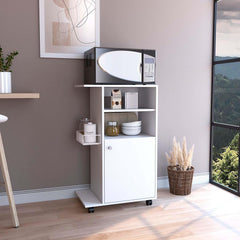 Modern Kitchen Cart 39" H, Single Door Cabinet, Four Wheels, One Side Shelf, White