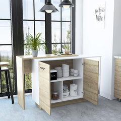 Galaxy Kitchen Island, Two External Shelves, Double Door Cabinets, Three Shelves -White / Light Oak
