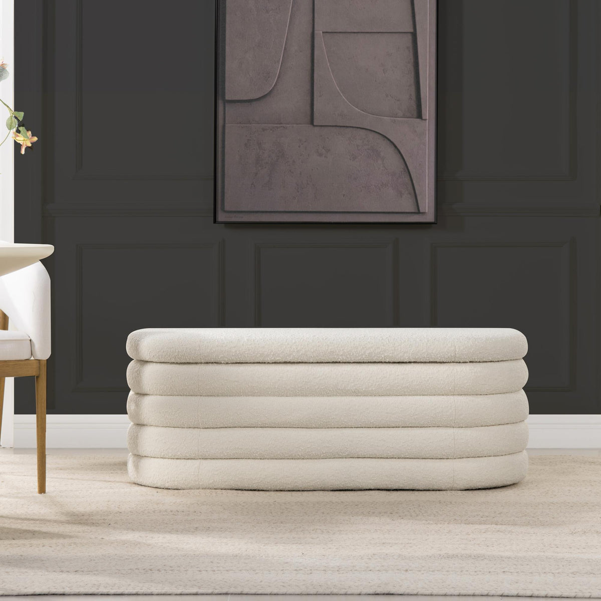Tale 49" Upholstered Oval Storage Bench, Ivory White Boucle