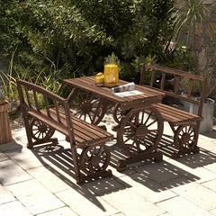 Patio Table and Chairs for 4 People, Wagon Wheel Design, Outdoor Furniture Set for Backyard, Garden, Carbonized