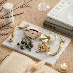 Andromache White Marble Decorative Serving Tray with Brass Snake Handles